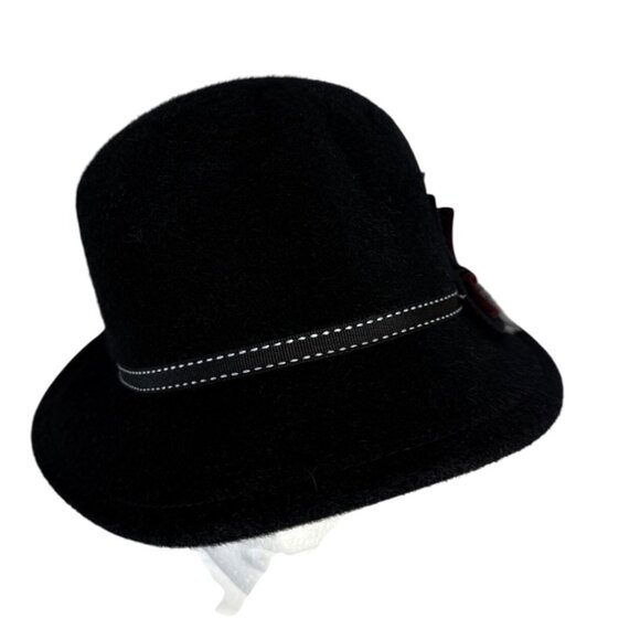 Womens Bowler Black Felt Hat Whitework Embroidery Dome Floral Pom Winter Casual - Picture 9 of 9